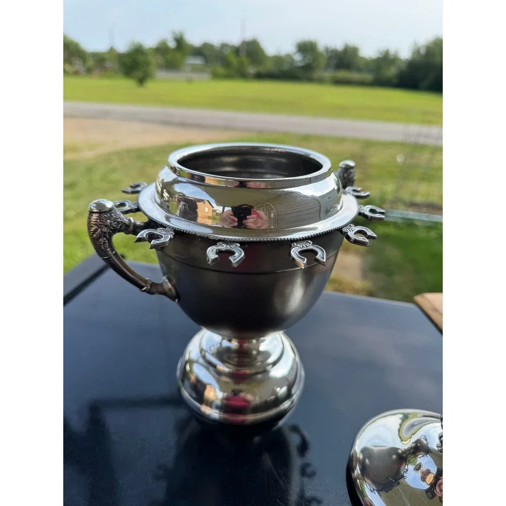 Vtg Britannia Metal Quadruple Plate Spoon Holder Caddy w/ Lid Horseshoe Motif